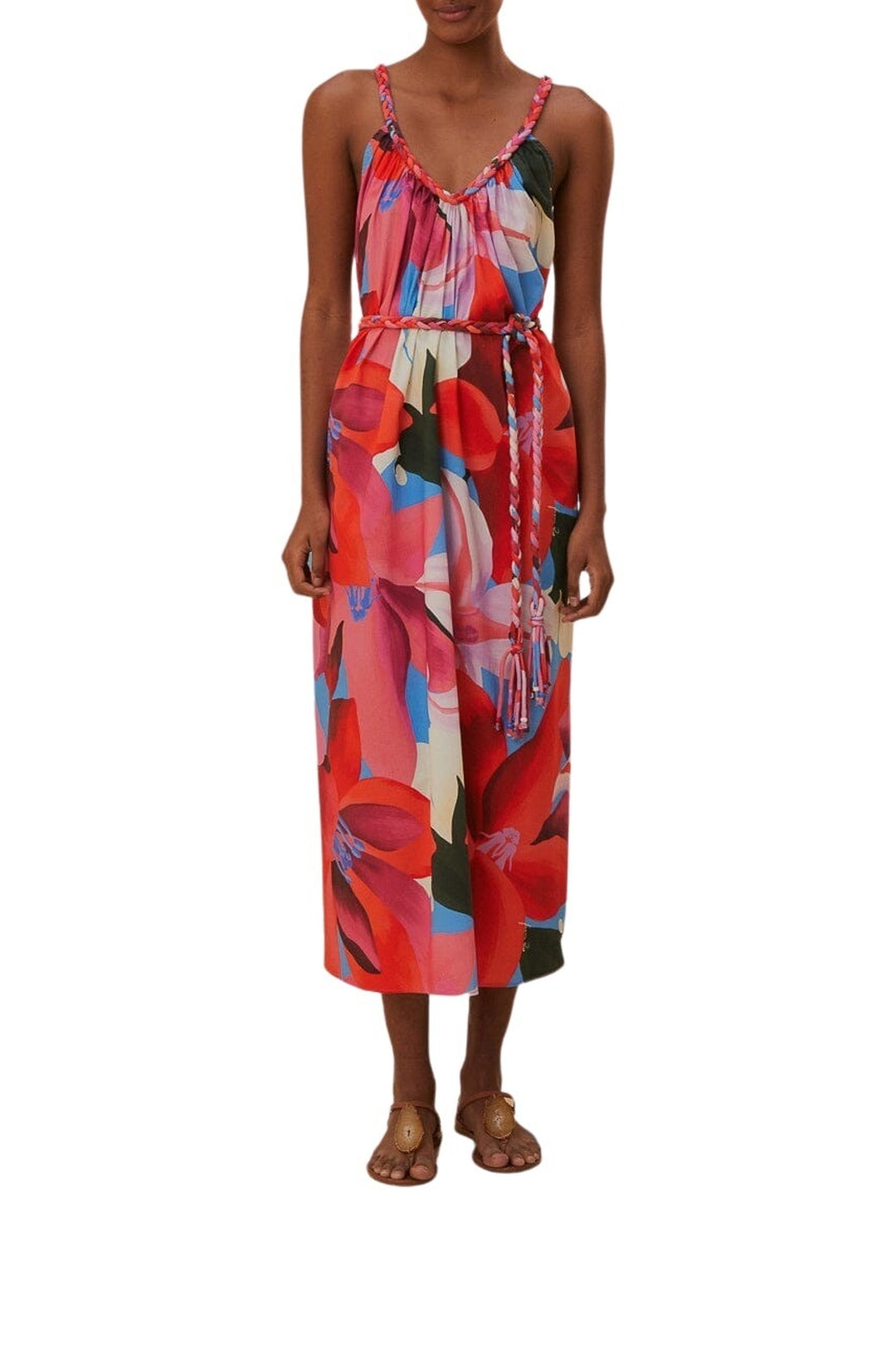 Robe de plage sans manches à fleurs aquarelle en coton - Rouge