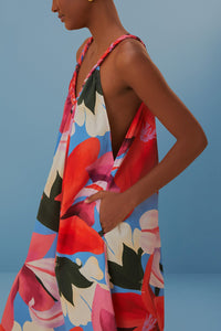 Robe de plage sans manches à fleurs aquarelle en coton - Rouge
