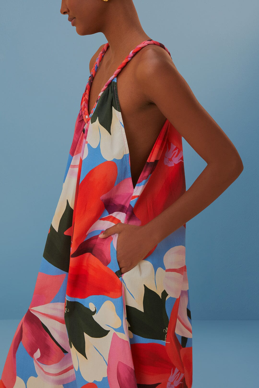 Robe de plage sans manches à fleurs aquarelle en coton - Rouge
