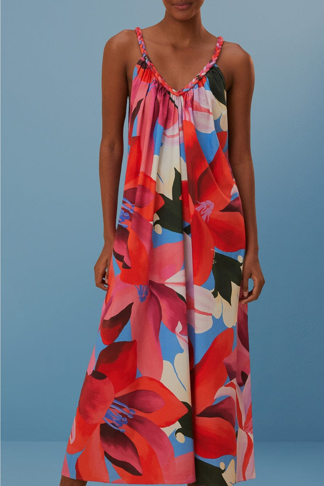 Robe de plage sans manches à fleurs aquarelle en coton - Rouge