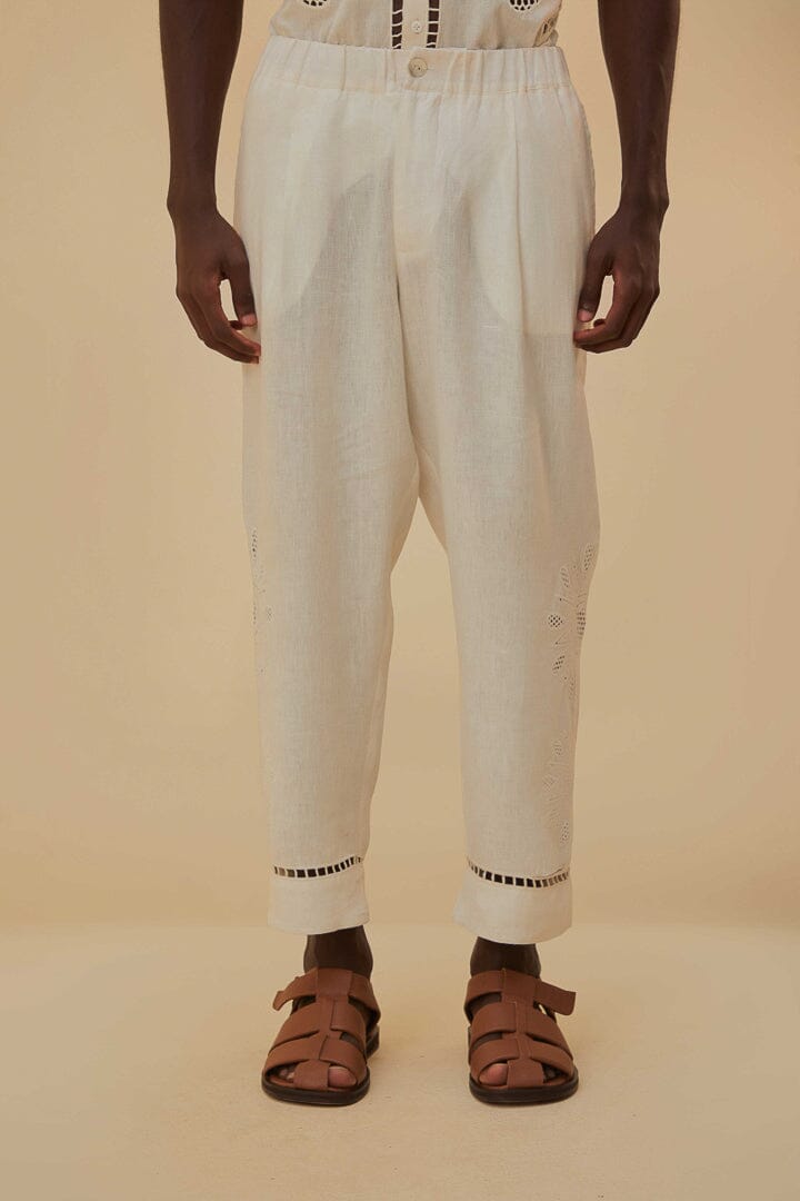 Pantalon brodé Richelieu Sunset en lin - Blanc