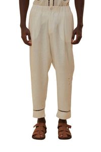 Pantalon brodé Richelieu Sunset en lin - Blanc
