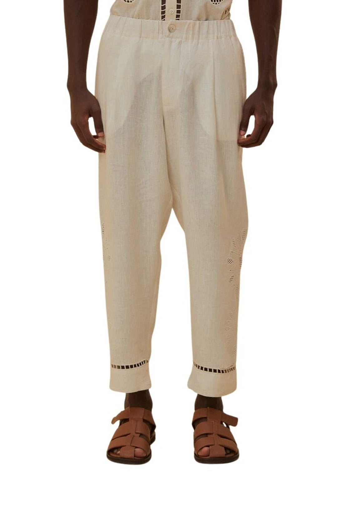Pantalon brodé Richelieu Sunset en lin - Blanc