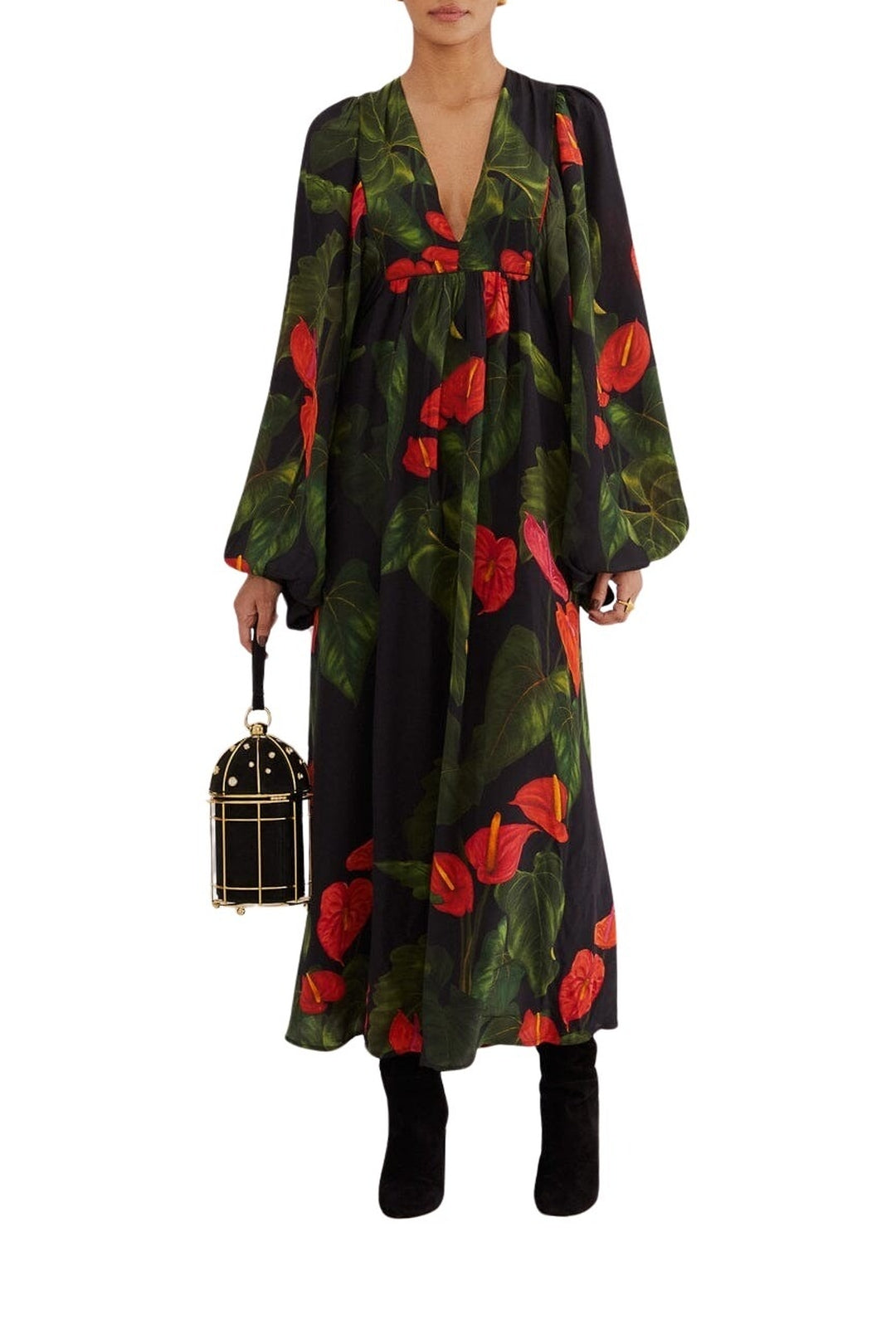 Robe longue Anthurium à col V - Noir