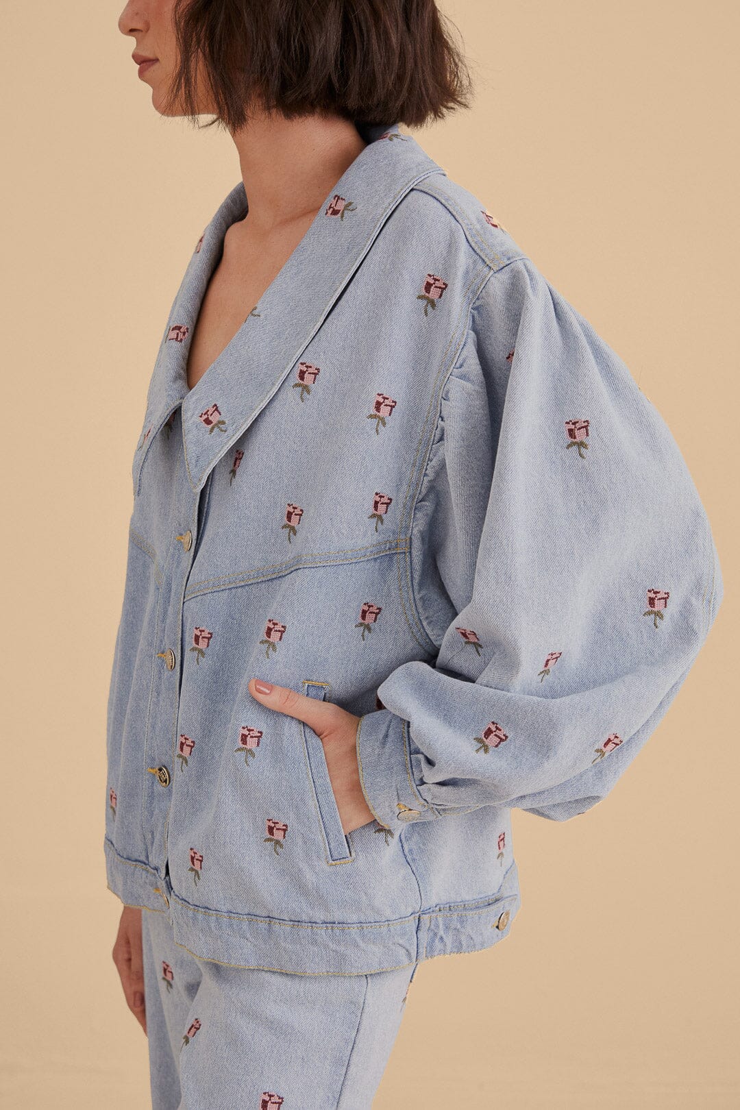 Veste en denim brodée - Bleu