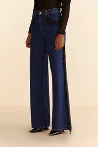 Pantalon large à franges perlées en coton - Bleu