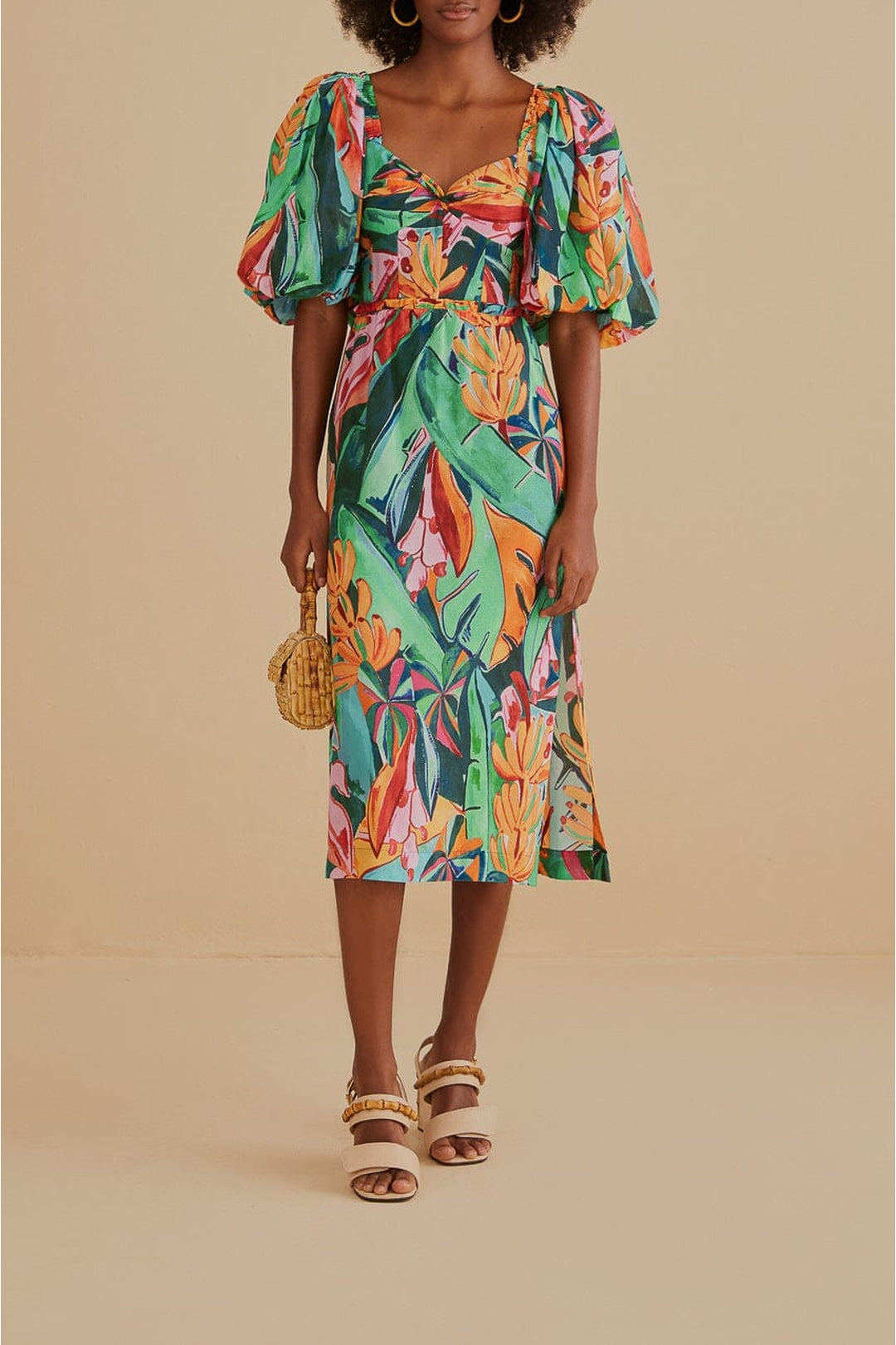 Robe midi à manches bouffantes en coton - Multicolore