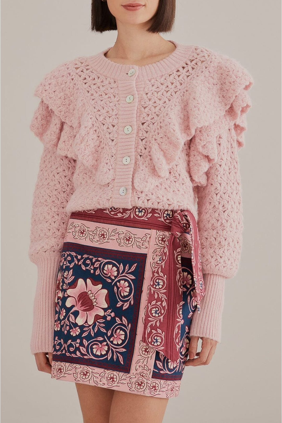Cardigan en maille à motif floral - Rose