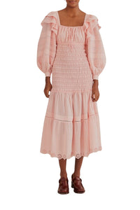 Robe midi à manches longues et encolure carrée en coton - Rose
