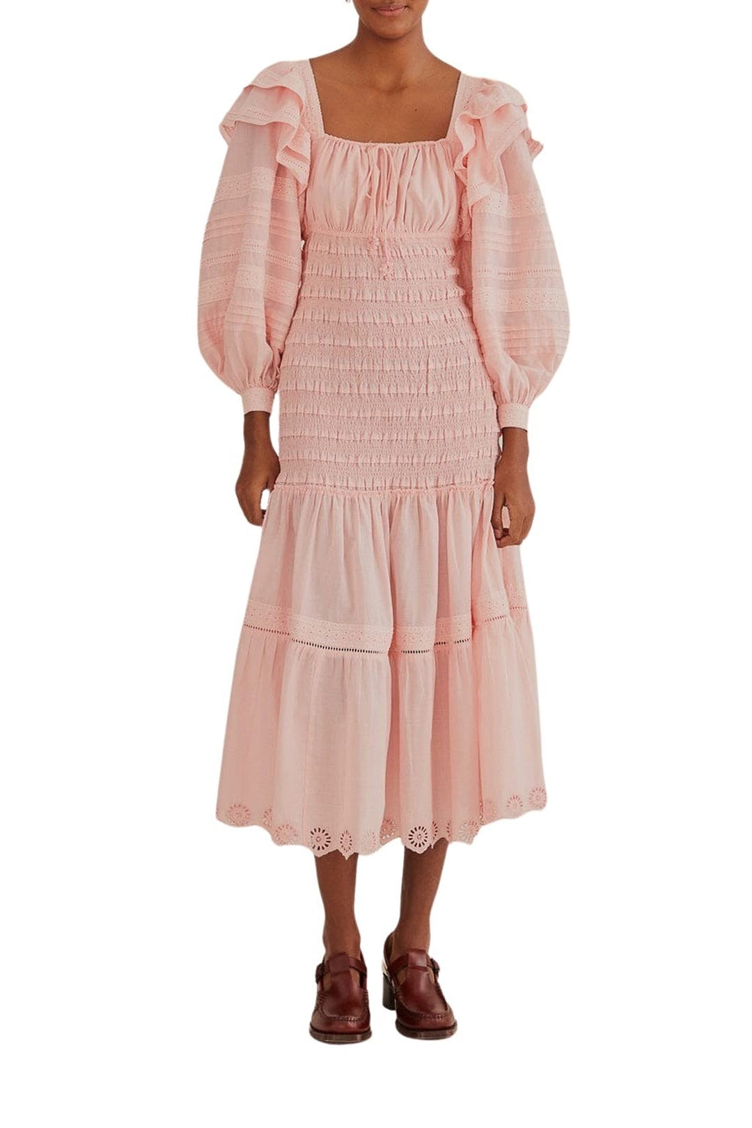 Robe midi à manches longues et encolure carrée en coton - Rose