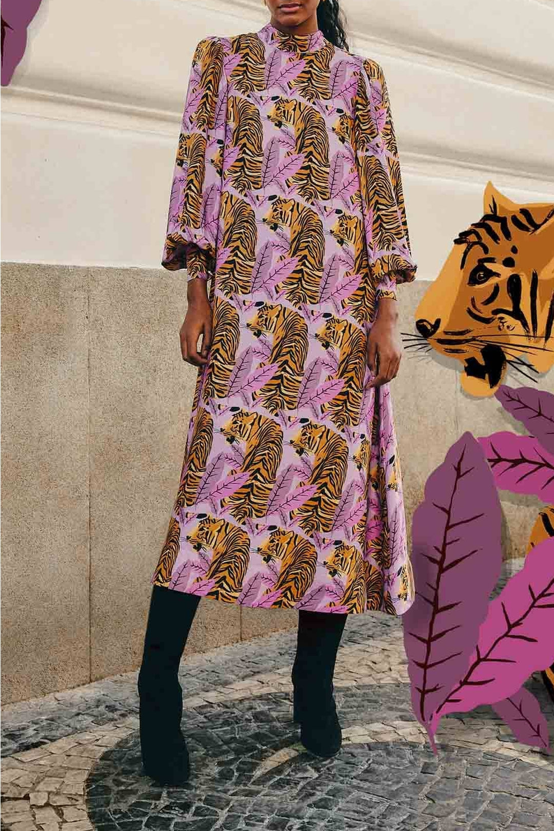 Robe midi Lavande à feuilles de tigre - Violet