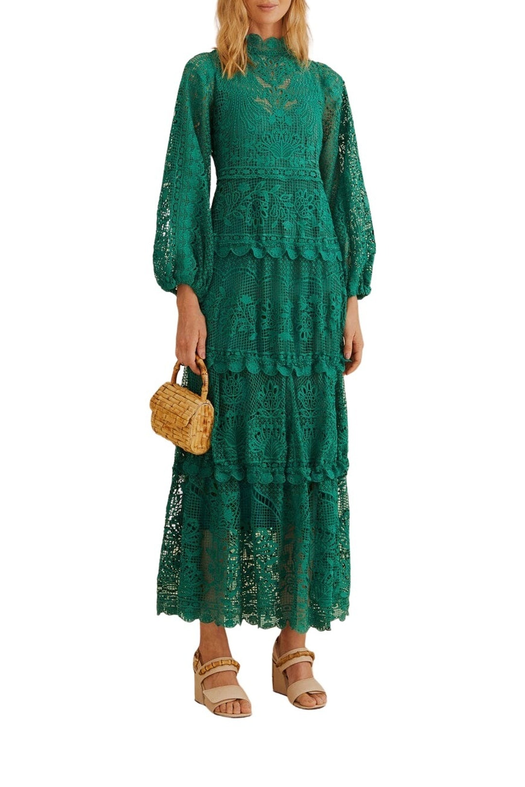 Robe longue à manches longues en dentelle - Vert