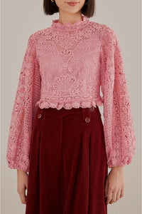 Blouse à manches longues et guipure - Rose
