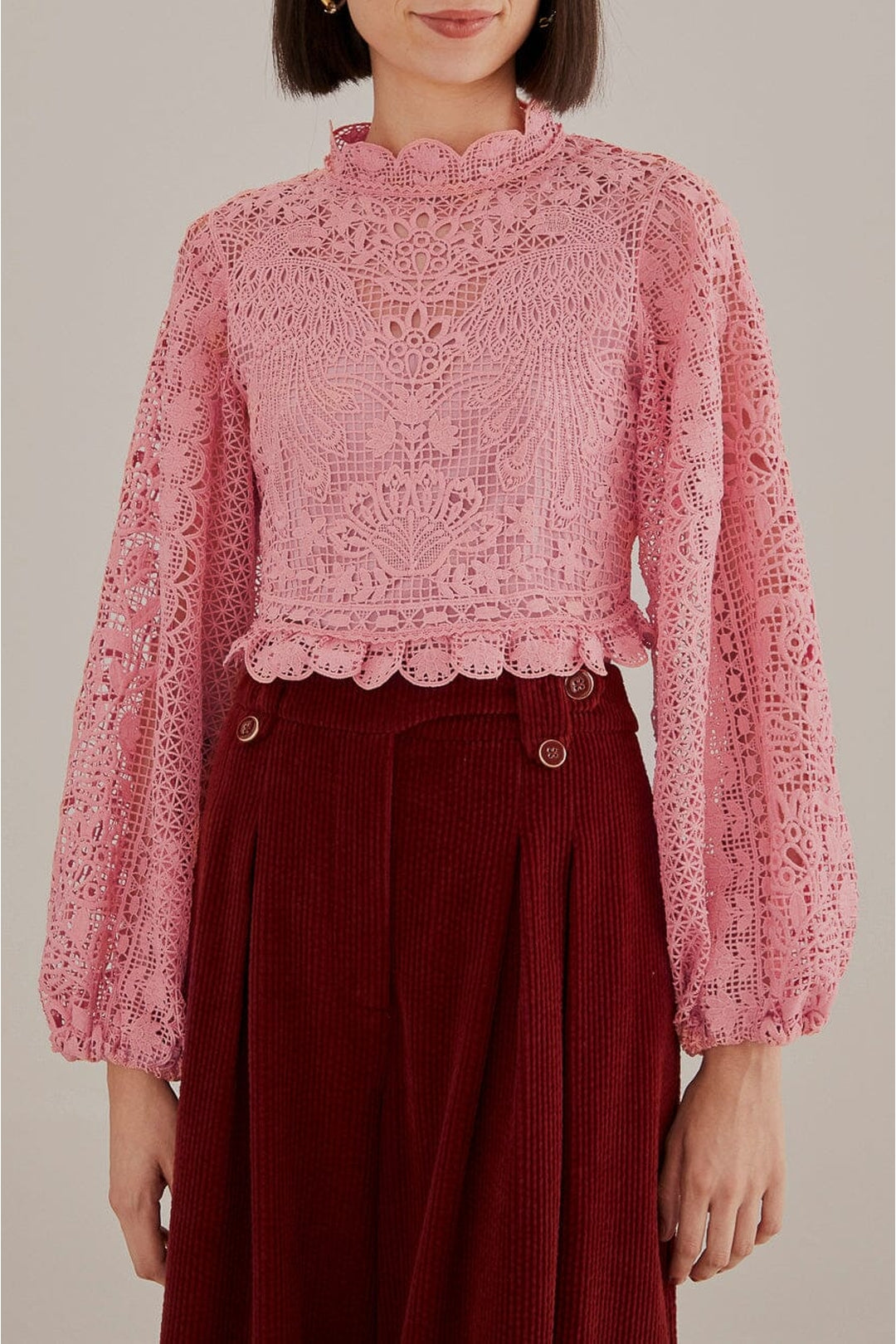 Blouse à manches longues et guipure - Rose