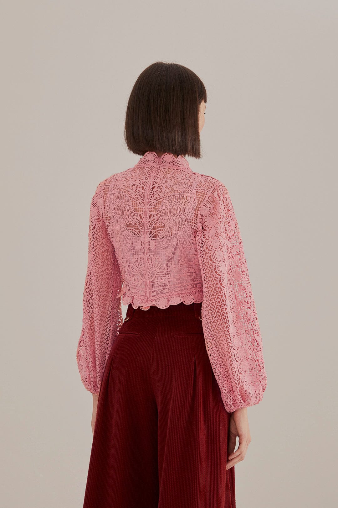 Blouse à manches longues et guipure - Rose