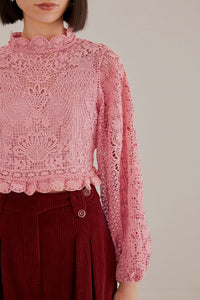 Blouse à manches longues et guipure - Rose
