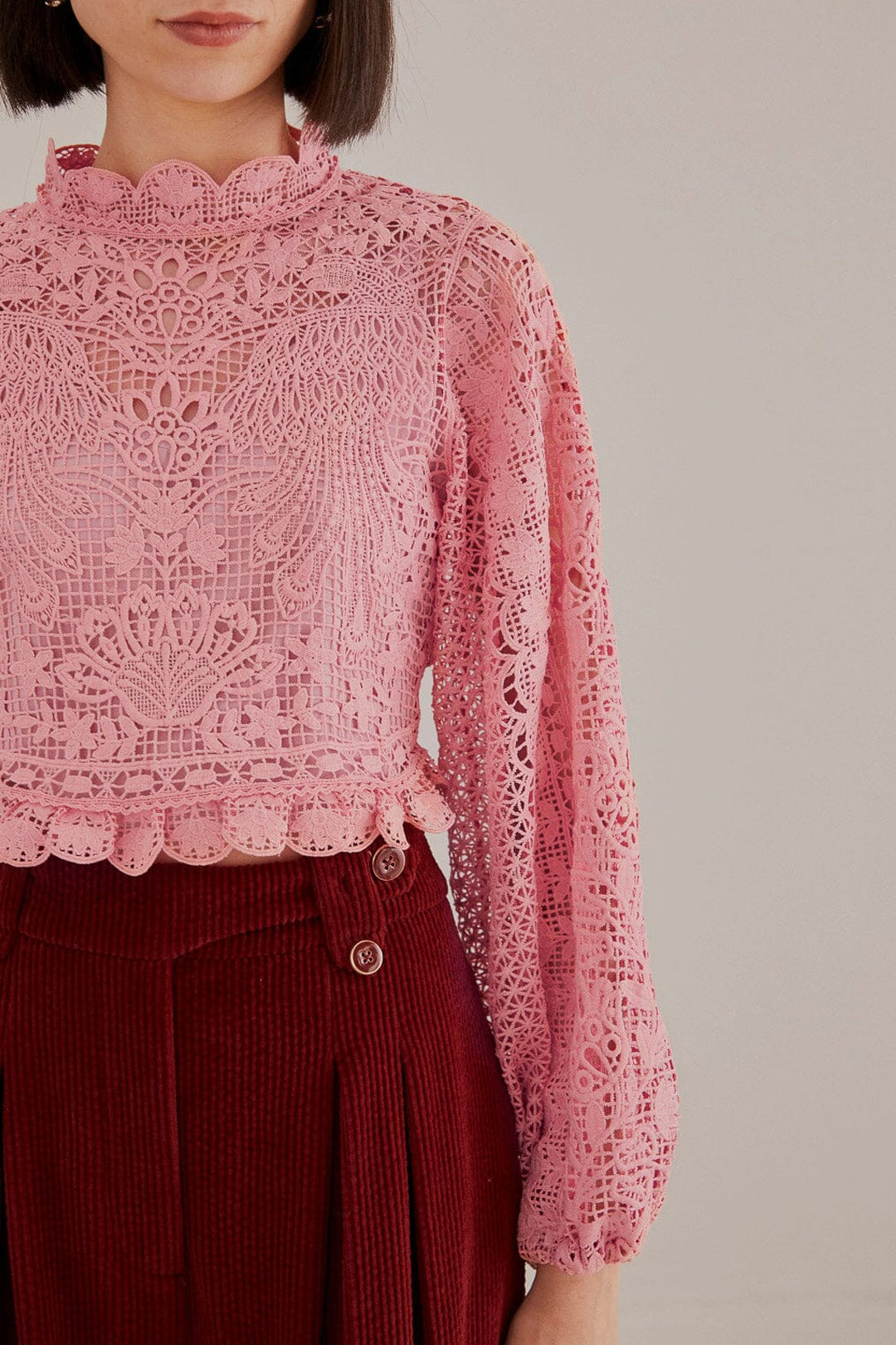 Blouse à manches longues et guipure - Rose