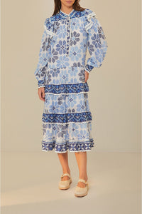 Robe midi Flowers à découpes et manches longues en coton - Bleu