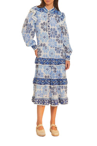 Robe midi Flowers à découpes et manches longues en coton - Bleu