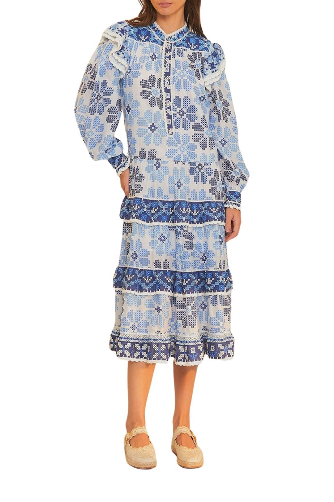 Robe midi Flowers à découpes et manches longues en coton - Bleu