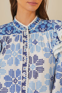 Robe midi Flowers à découpes et manches longues en coton - Bleu