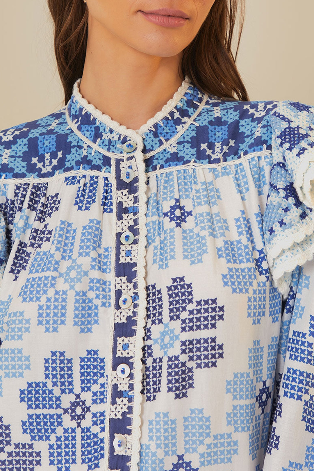 Robe midi Flowers à découpes et manches longues en coton - Bleu