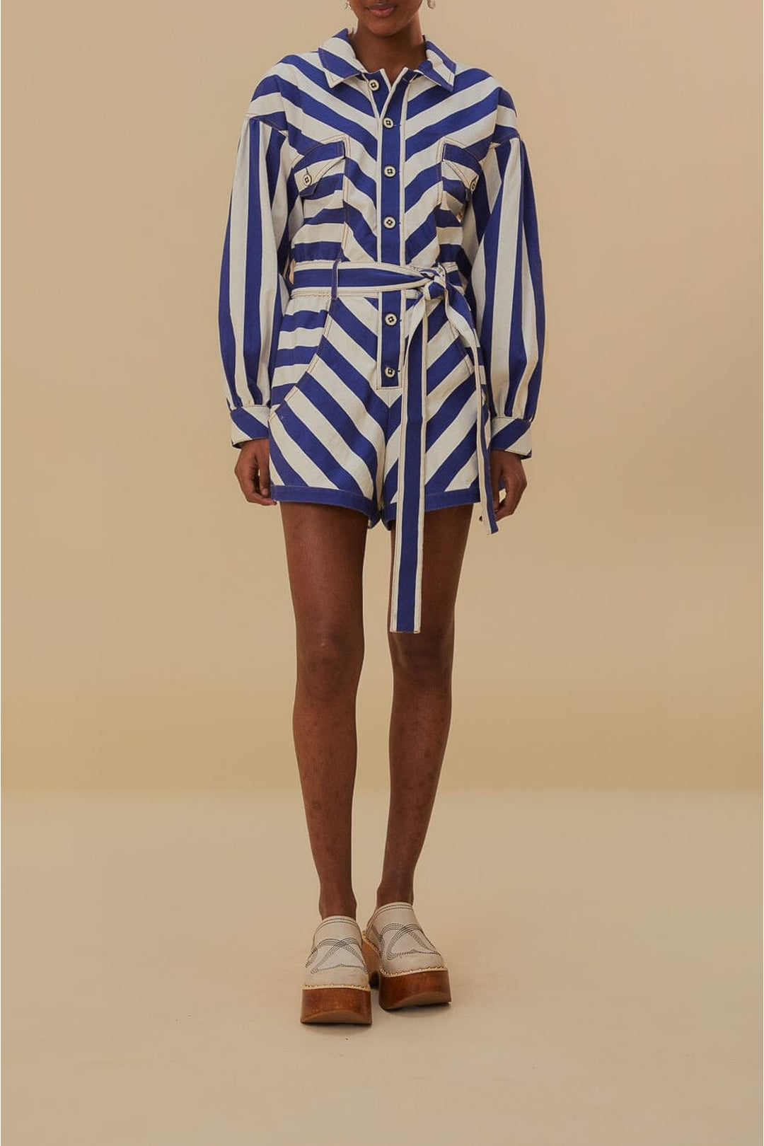 Combi-short à rayures en coton - Bleu