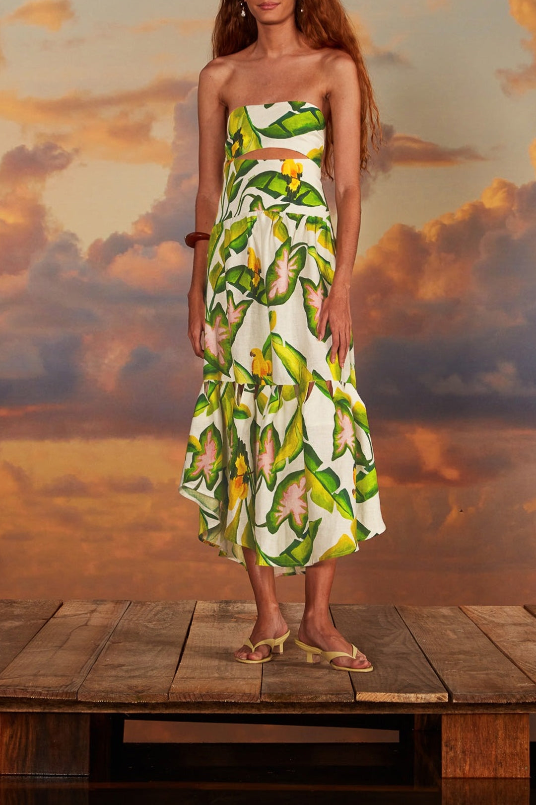 Robe midi sans bretelles à motifs feuillage d'été en lin - Vert