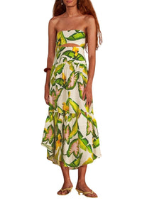 Robe midi sans bretelles à motifs feuillage d'été en lin - Vert