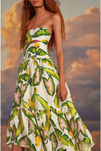 Robe midi sans bretelles à motifs feuillage d'été en lin - Vert