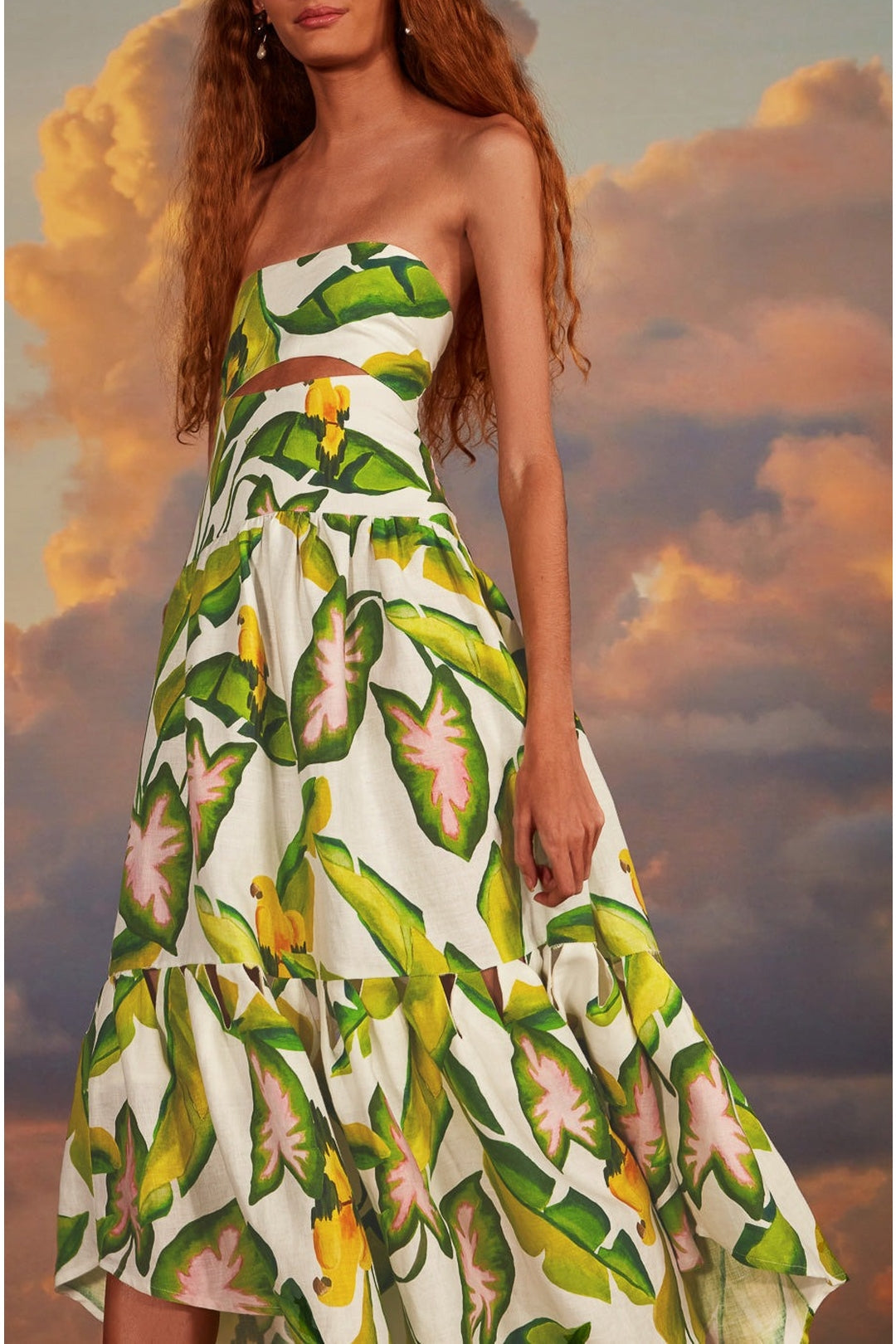 Robe midi sans bretelles à motifs feuillage d'été en lin - Vert
