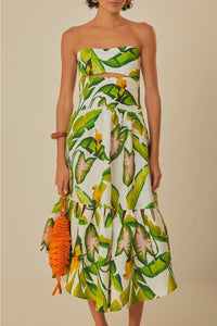 Robe midi sans bretelles à motifs feuillage d'été en lin - Vert
