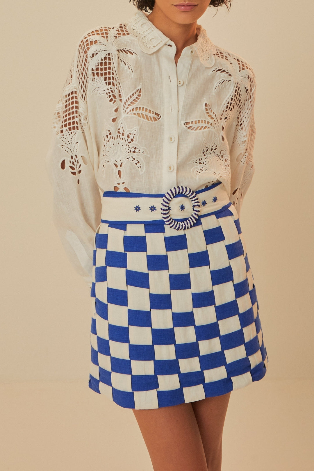 Mini jupe bicolore entrelacée en lin - Bleu