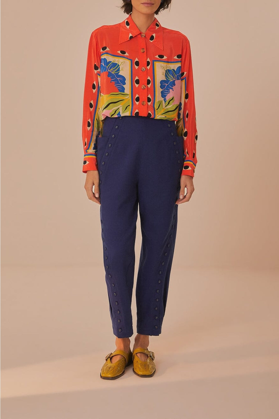Pantalon taille haute en coton - Bleu