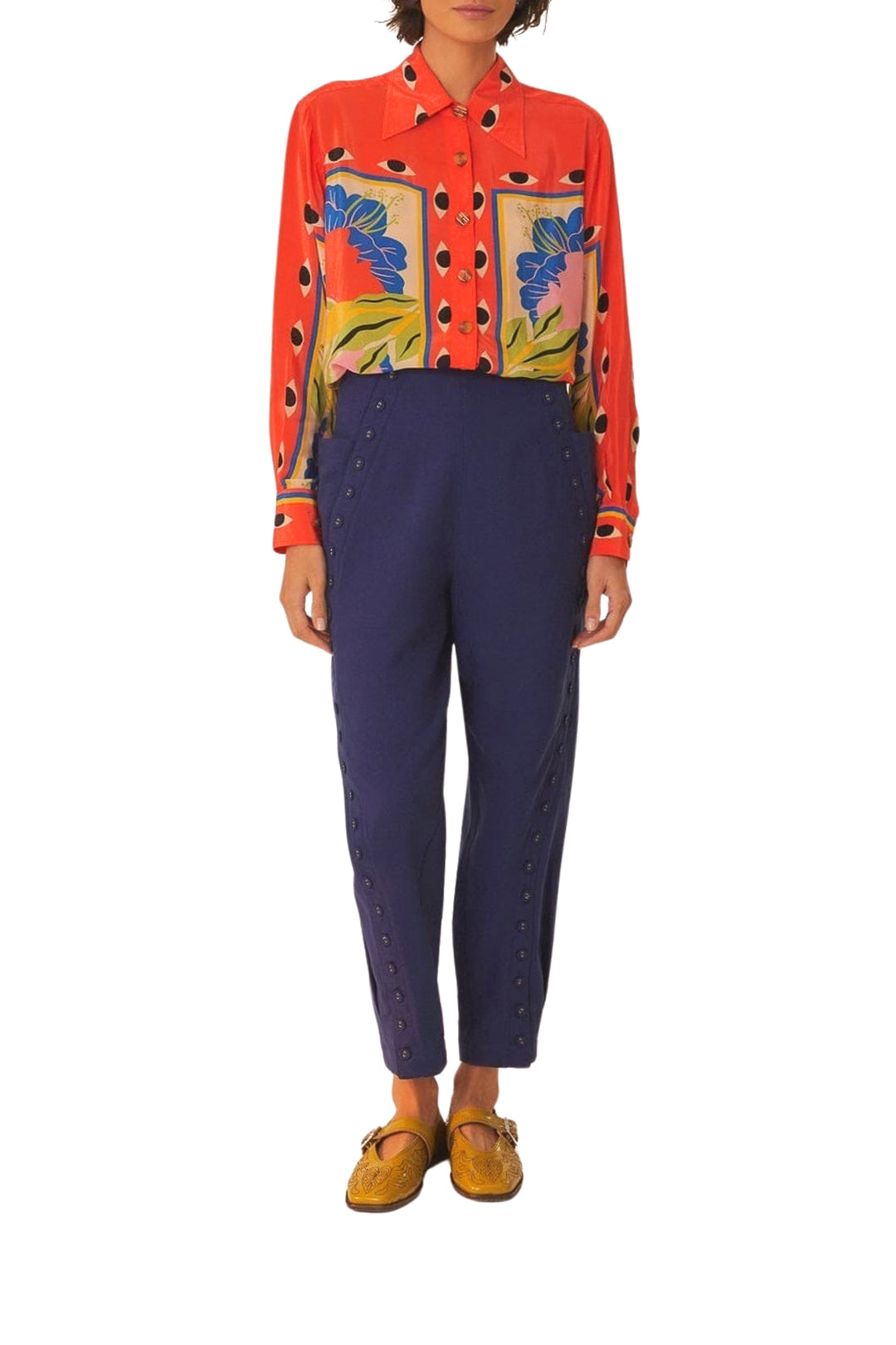 Pantalon taille haute en coton - Bleu