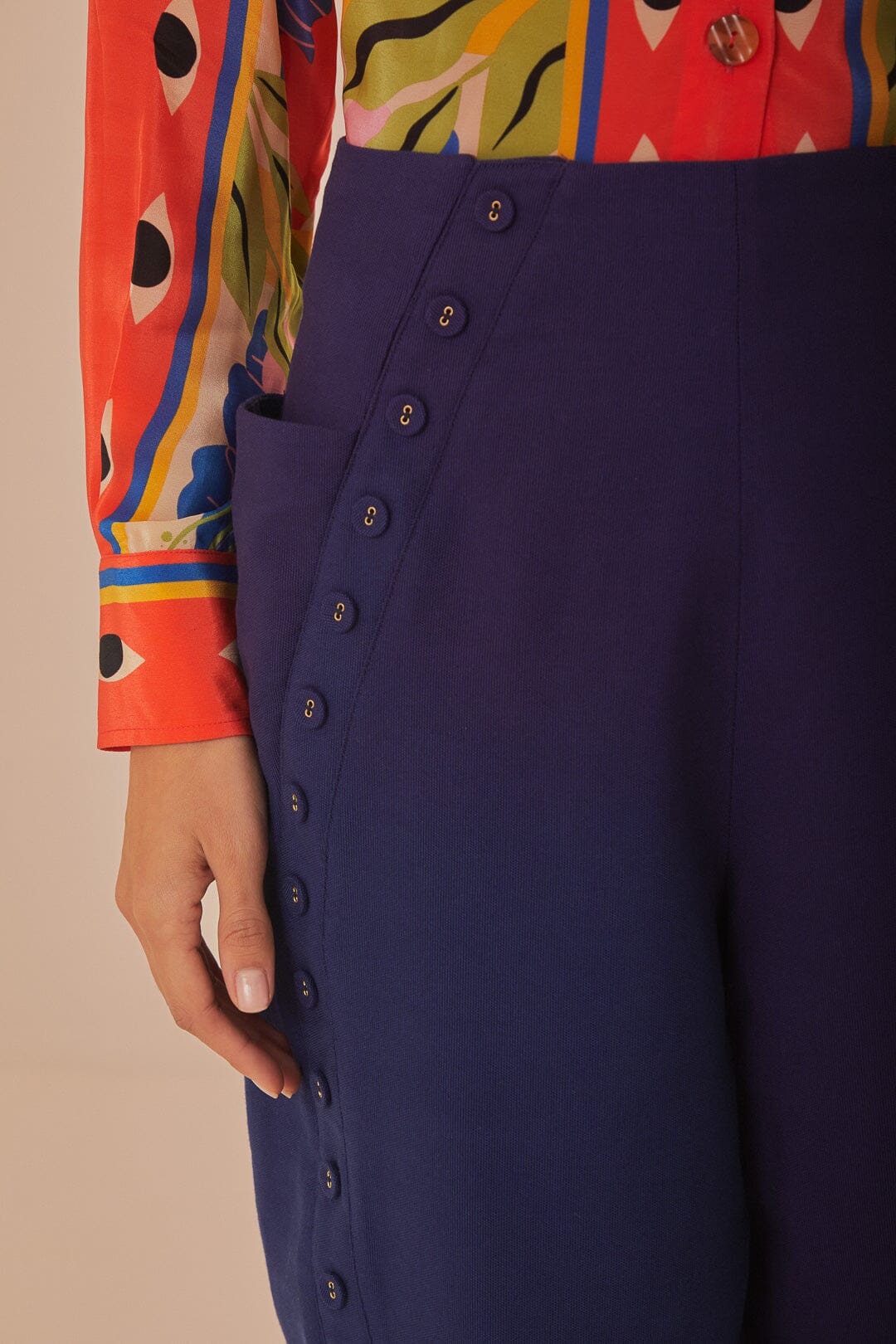 Pantalon taille haute en coton - Bleu
