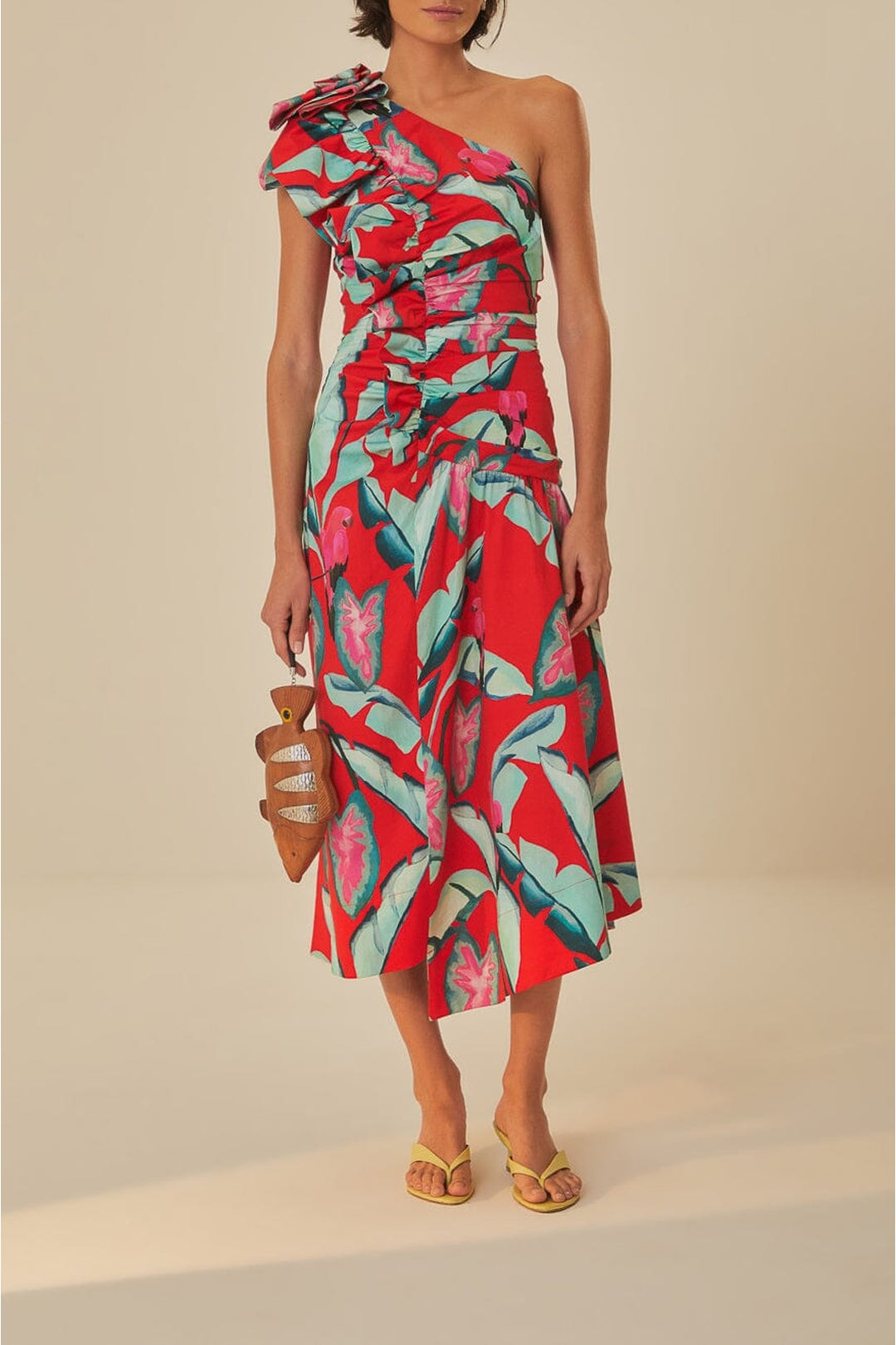 Robe longue à motif feuillage d'été en coton - Rouge