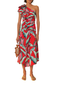 Robe longue à motif feuillage d'été en coton - Rouge