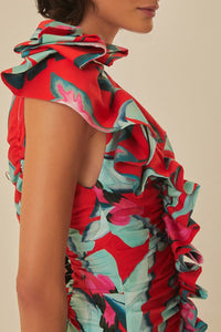 Robe longue à motif feuillage d'été en coton - Rouge