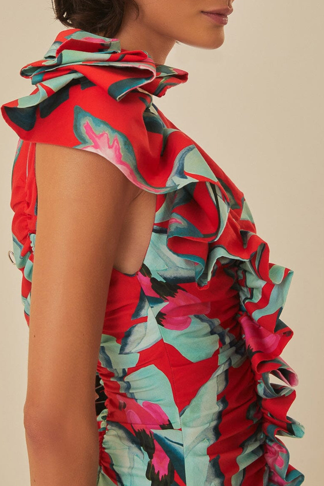 Robe longue à motif feuillage d'été en coton - Rouge