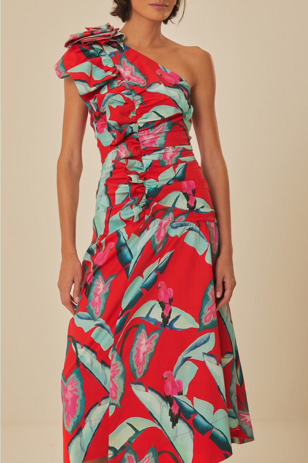 Robe longue à motif feuillage d'été en coton - Rouge
