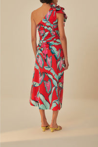 Robe longue à motif feuillage d'été en coton - Rouge