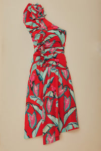 Robe longue à motif feuillage d'été en coton - Rouge