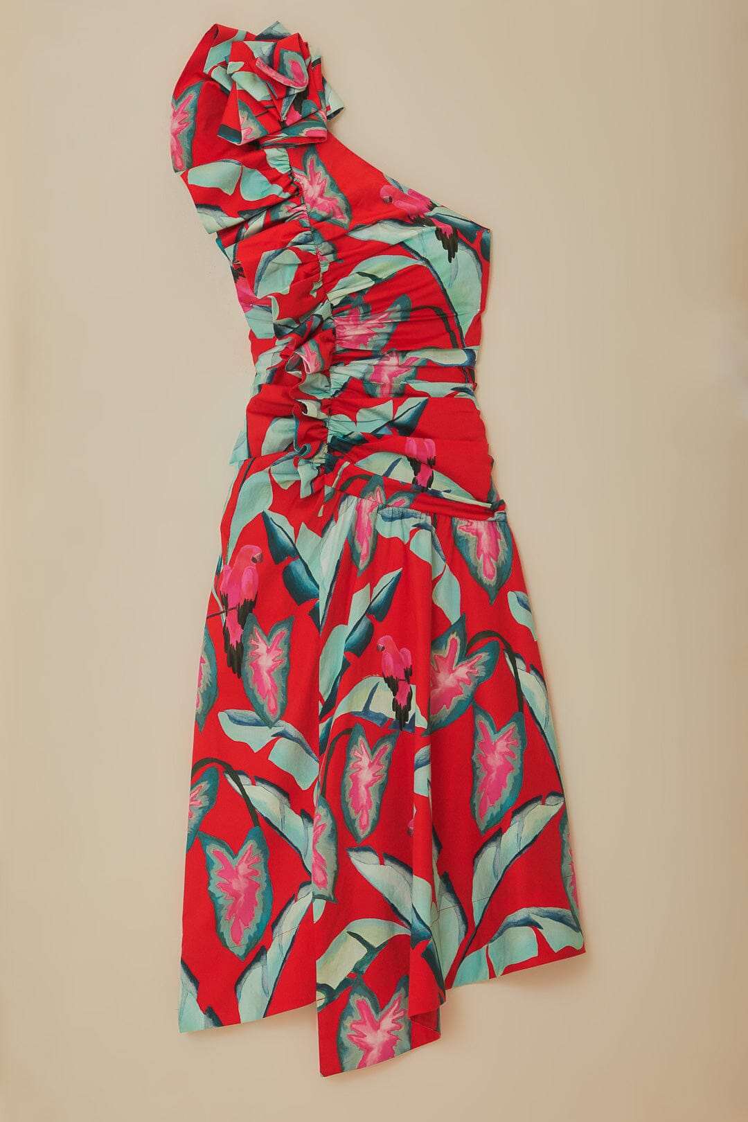 Robe longue à motif feuillage d'été en coton - Rouge
