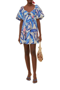 Robe courte Feuillage d'été en coton - Bleu