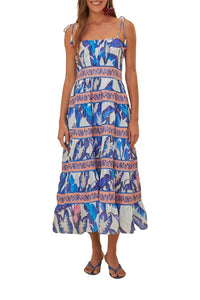 Robe longue Feuillage d'été en coton - Bleu