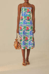 Robe midi Carioca Posters en lin - Bleu