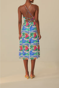 Robe midi Carioca Posters en lin - Bleu