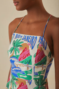 Robe midi Carioca Posters en lin - Bleu