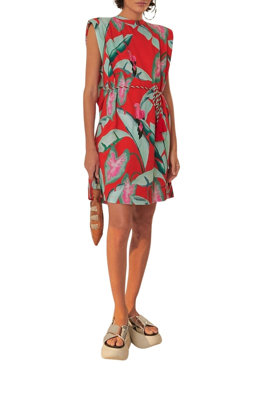 Robe courte Feuillage d'été en coton - Rouge